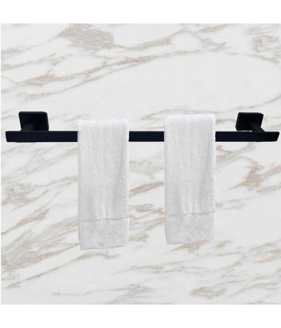 Set Bagno Rettangolare Nero 6pz Porta Asciugamano Rotolo Bicchiere Spazzolino 87262         