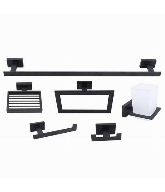Set Bagno Rettangolare Nero 6pz Porta Asciugamano Rotolo Bicchiere Spazzolino 87262         