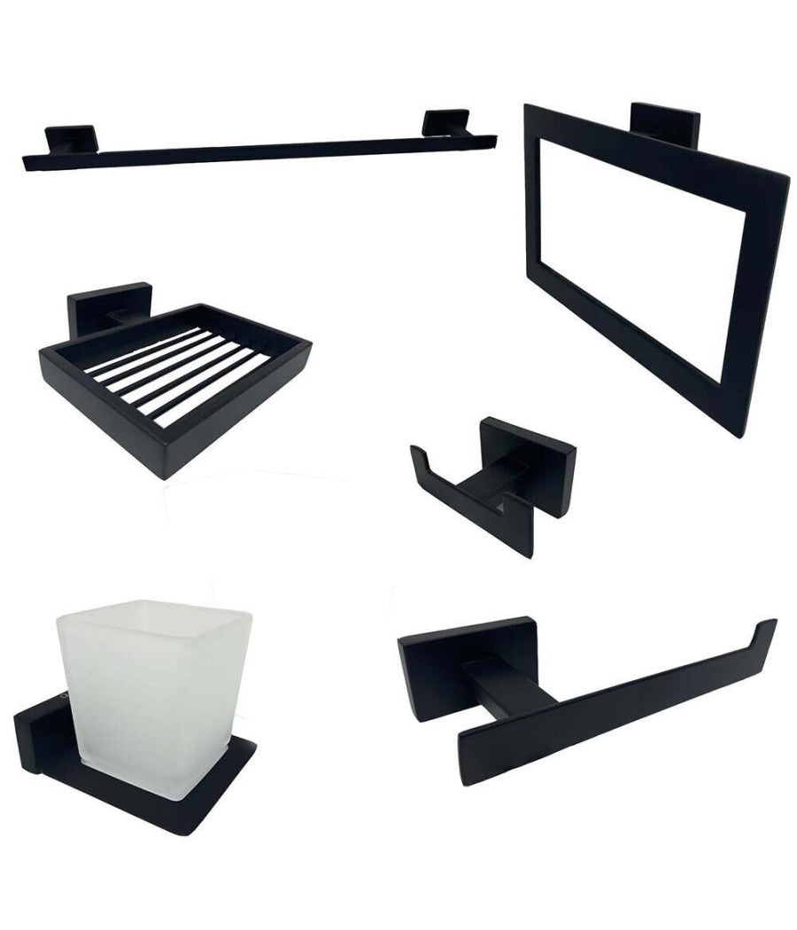 Set Bagno Rettangolare Nero 6pz Porta Asciugamano Rotolo Bicchiere Spazzolino 87262         