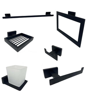 Set Bagno Rettangolare Nero 6pz Porta Asciugamano Rotolo Bicchiere Spazzolino 87262         