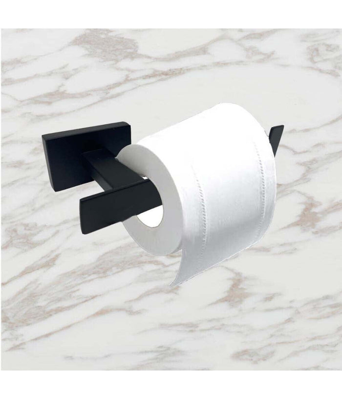 Set Bagno Rettangolare Nero 6pz Porta Asciugamano Rotolo Bicchiere Spazzolino 87262         