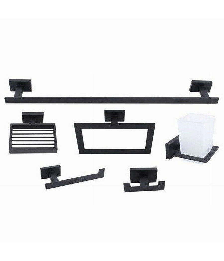 Set Bagno Rettangolare Nero 6pz Porta Asciugamano Rotolo Bicchiere Spazzolino 87262         