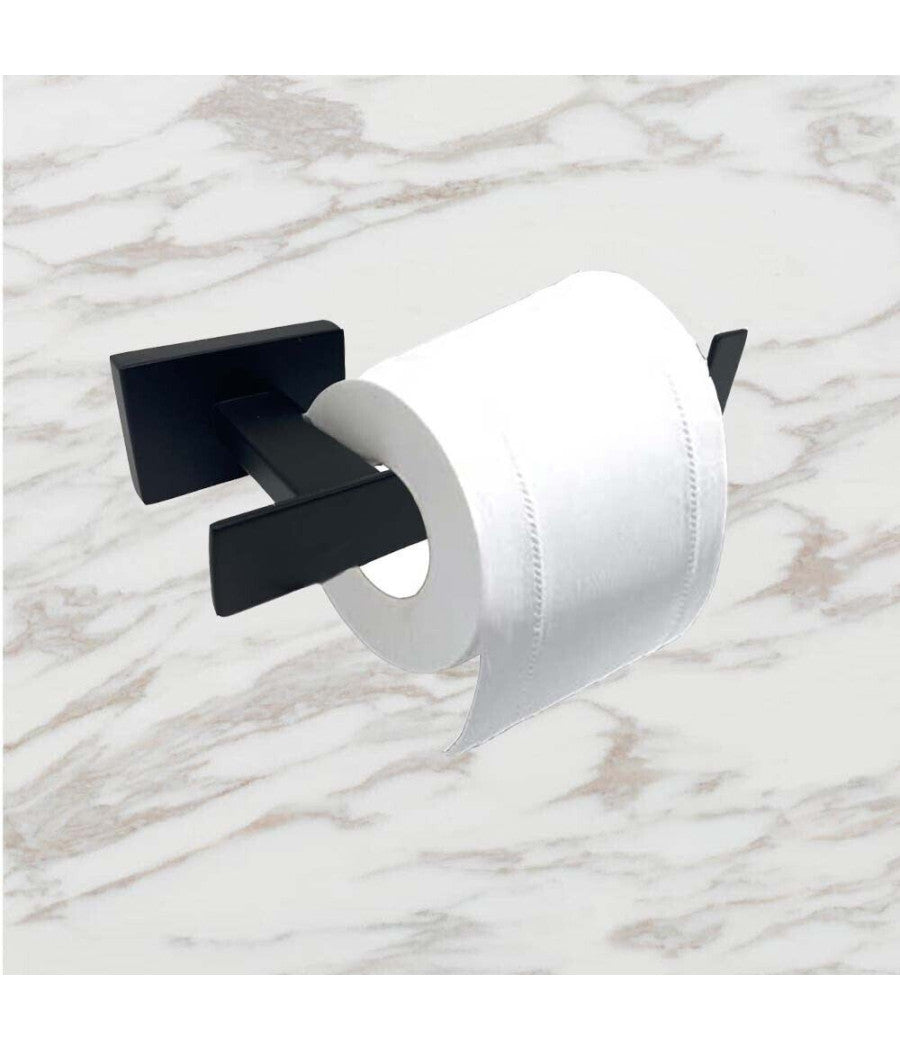 Set Bagno Rettangolare Nero 6pz Porta Asciugamano Rotolo Bicchiere Spazzolino 87262         