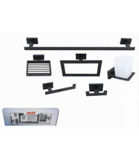 Set Bagno Rettangolare Nero 6pz Porta Asciugamano Rotolo Bicchiere Spazzolino 87262         