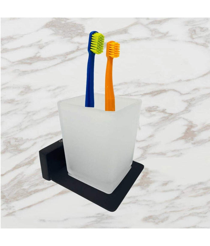 Set Bagno Rettangolare Nero 6pz Porta Asciugamano Rotolo Bicchiere Spazzolino 87262         