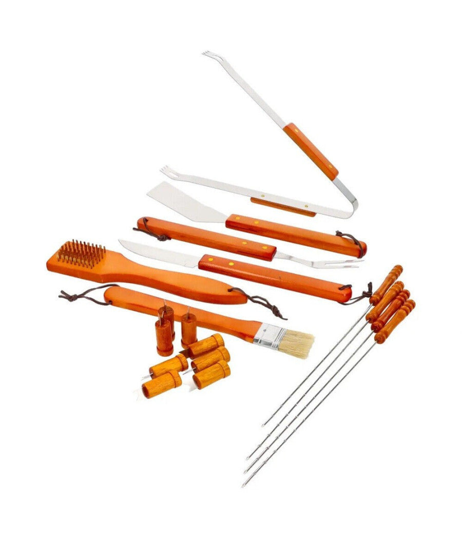 Set Barbecue 18 Pezzi Con Valigetta Bbq Grill Acciaio Inox Manico Legno 6498010         