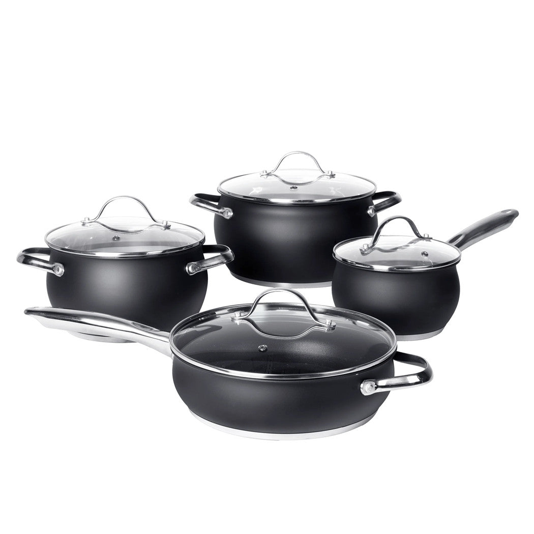 Trade Shop - Set Batteria Di Pentole Con Coperchi 8 Pezzi In Acciaio Inox Linea Blackcook Cucina -