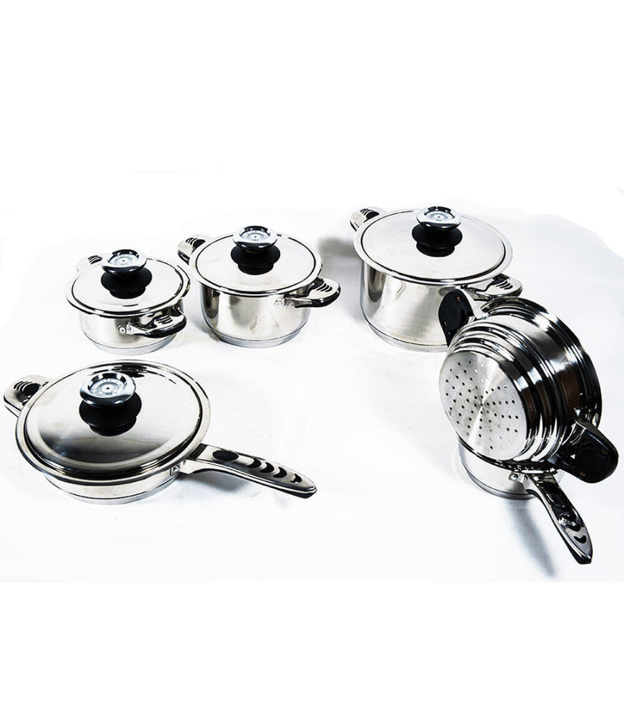 Set Batteria Di Pentole Da 12 Pezzi Padelle In Acciaio Inox Cucina Schuster         