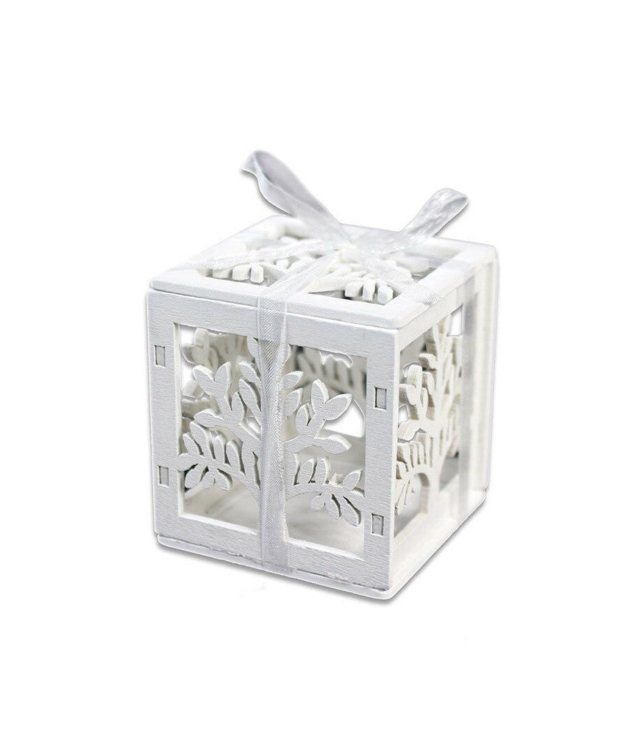 Set Bomboniera Per Matrimonio Cubo In Legno Albero Della Vita Stilizzato Bianco         