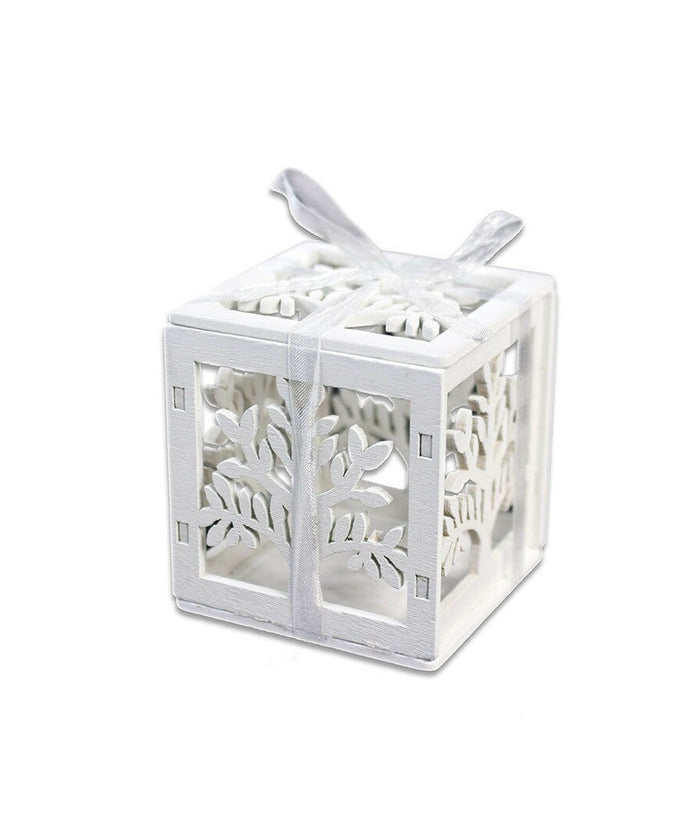 Set Bomboniera Per Matrimonio Cubo In Legno Albero Della Vita Stilizzato Bianco         
