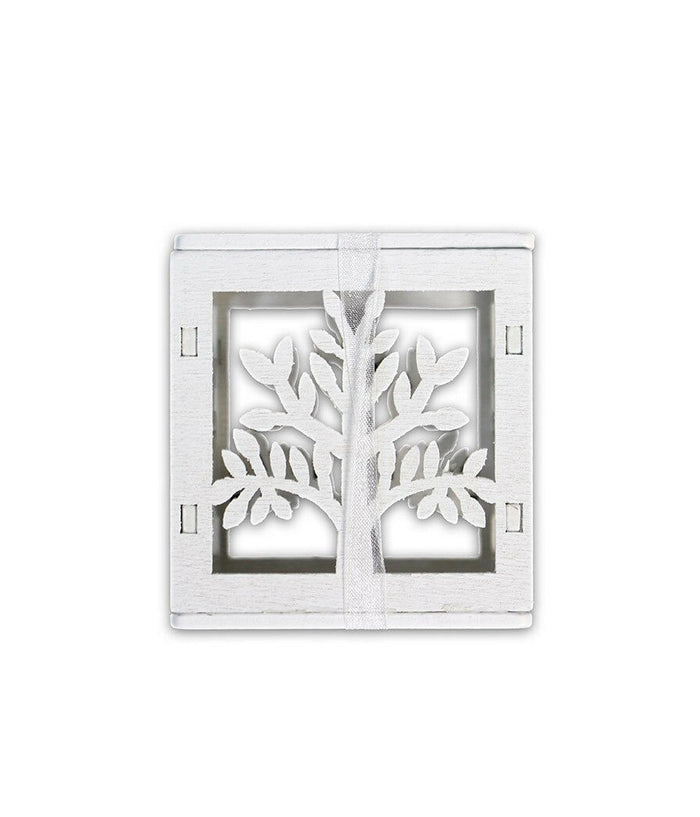 Set Bomboniera Per Matrimonio Cubo In Legno Albero Della Vita Stilizzato Bianco         