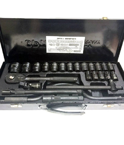 Set Chiavi A Bussola 24 Pezzi Con Cricchetto Reversibile 1/2'' Prolunghe Valigia         