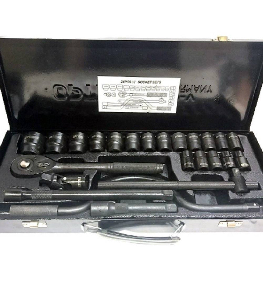 Set Chiavi A Bussola 24 Pezzi Con Cricchetto Reversibile 1/2'' Prolunghe Valigia         