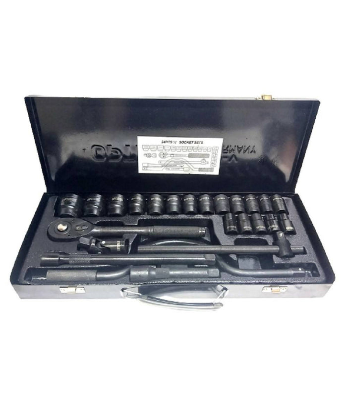 Set Chiavi A Bussola 24 Pezzi Con Cricchetto Reversibile 1/2'' Prolunghe Valigia         