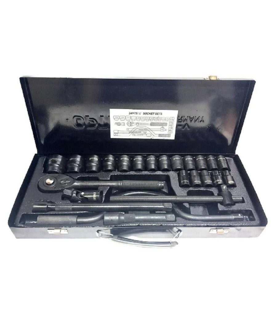 Set Chiavi A Bussola 24 Pezzi Con Cricchetto Reversibile 1/2'' Prolunghe Valigia         