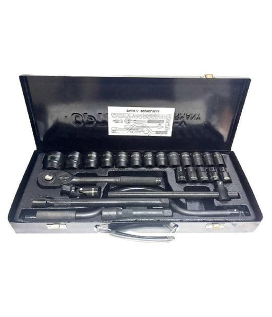 Set Chiavi A Bussola 24 Pezzi Con Cricchetto Reversibile 1/2'' Prolunghe Valigia         