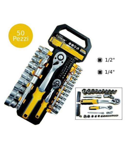 Set Chiavi A Bussola Con Cricchetto Reversibile Prolunghe 50 Pezzi 1/4" 1/2"         