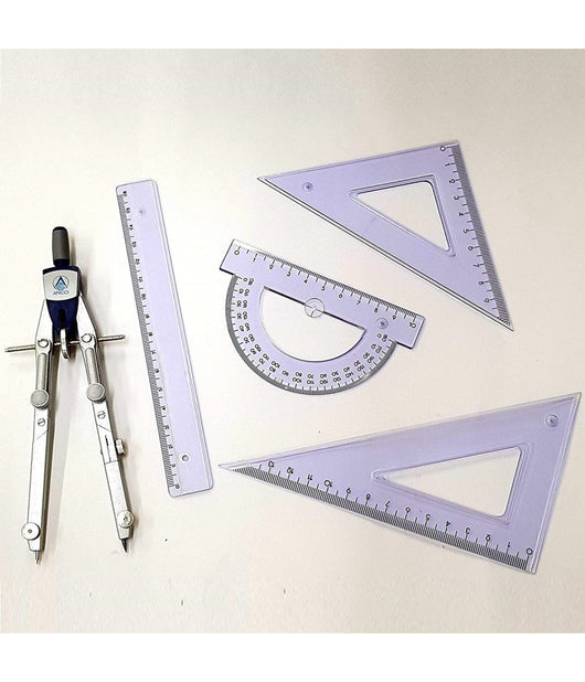 Set Compasso + Strumenti Disegno F4006 Squadrette Righello Goniometro Scuola         