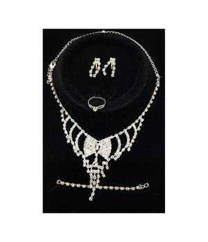 Set Completo Parure Collana Fiocco Orecchini Bracciale Anello Strass Bigiotteria         