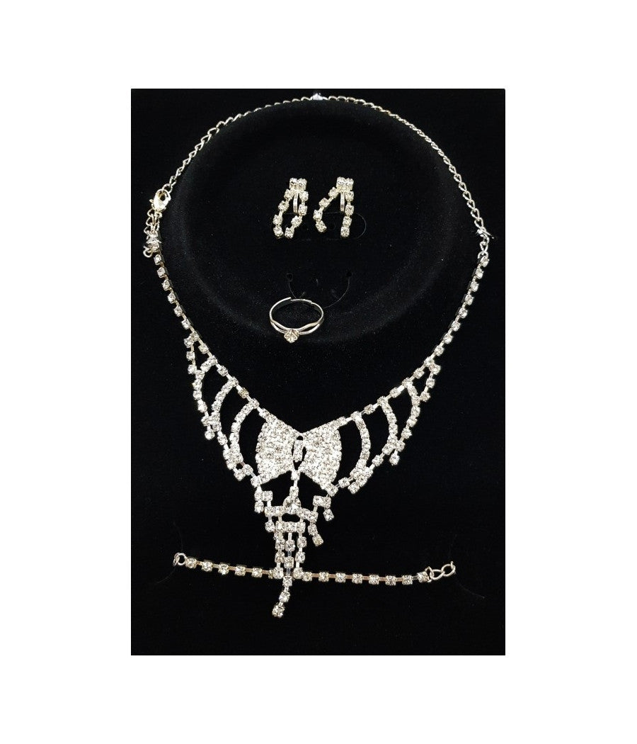 Set Completo Parure Collana Fiocco Orecchini Bracciale Anello Strass Bigiotteria         