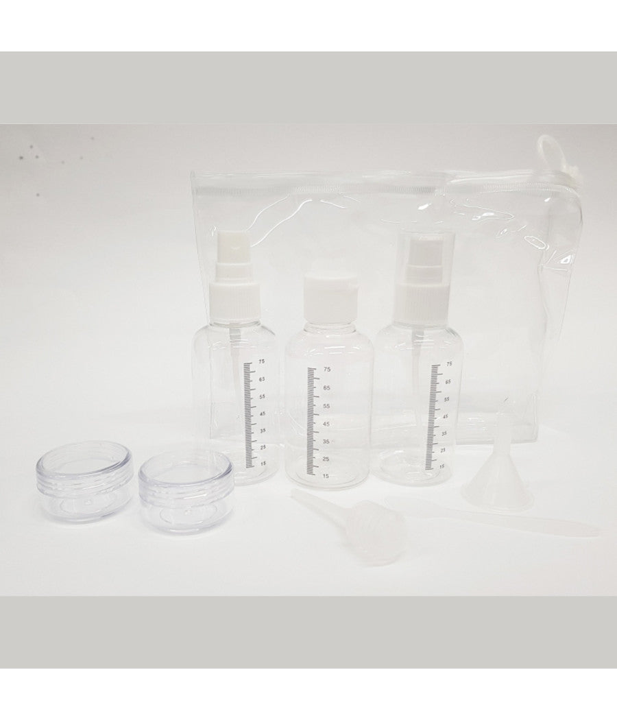 Set Contenitori + Attrezzi Con Sacchetto Check In Aereo Liquidi Da Viaggio Creme         