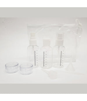 Set Contenitori + Attrezzi Con Sacchetto Check In Aereo Liquidi Da Viaggio Creme         