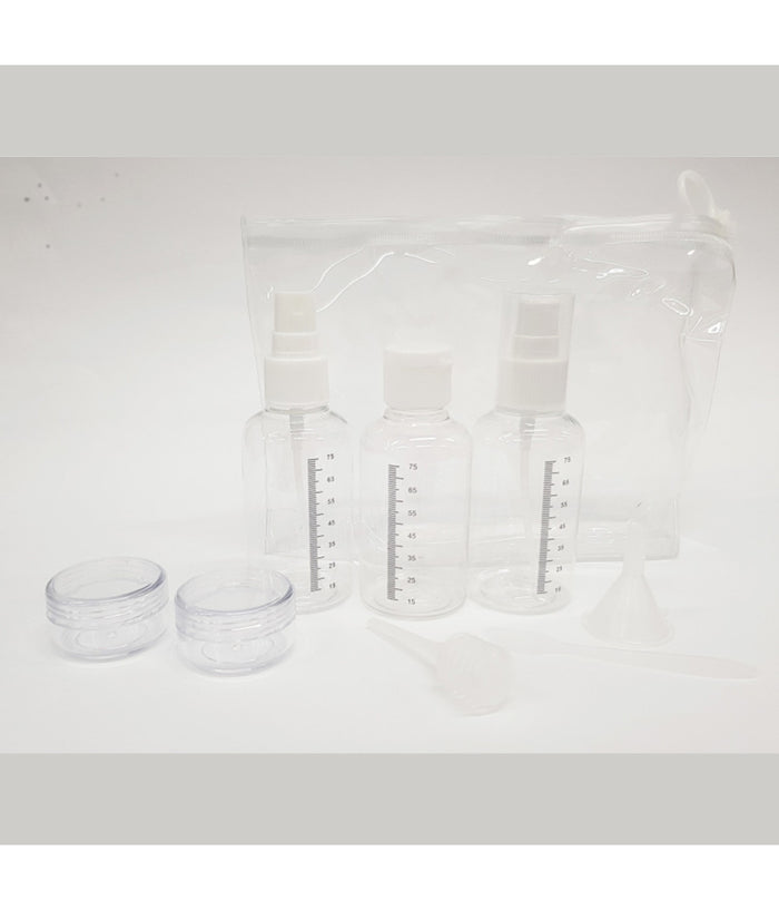 Set Contenitori + Attrezzi Con Sacchetto Check In Aereo Liquidi Da Viaggio Creme         