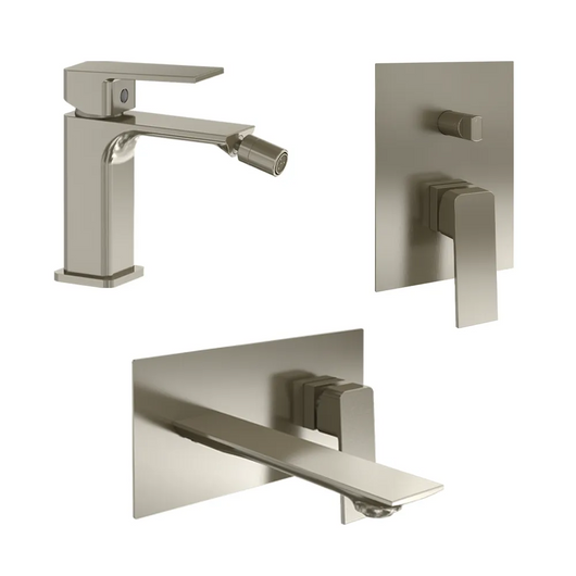 Set miscelatori: lavabo ad incasso bidet senza scarico e incasso doccia c/deviatore nickel spazzolato | Ingrid