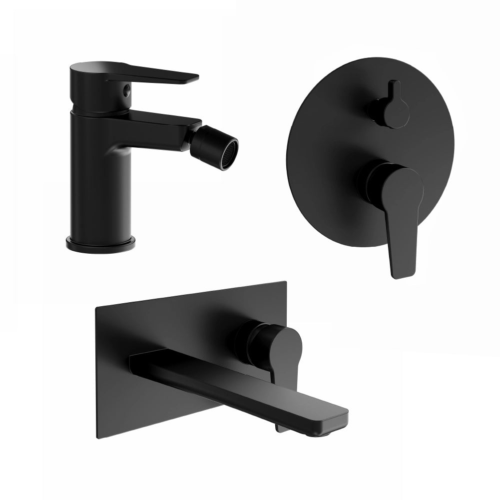 Set miscelatori: lavabo ad incasso bidet senza scarico e incasso doccia c/deviatore nero opaco | Jane