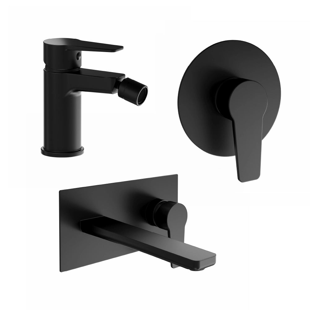 Set miscelatori: lavabo ad incasso bidet senza scarico e incasso doccia monocomando nero opaco | Jane