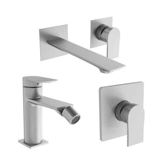 Set miscelatori: lavabo ad incasso, bidet senza scarico ed incasso doccia monocomando nickel spazzolato | Rita