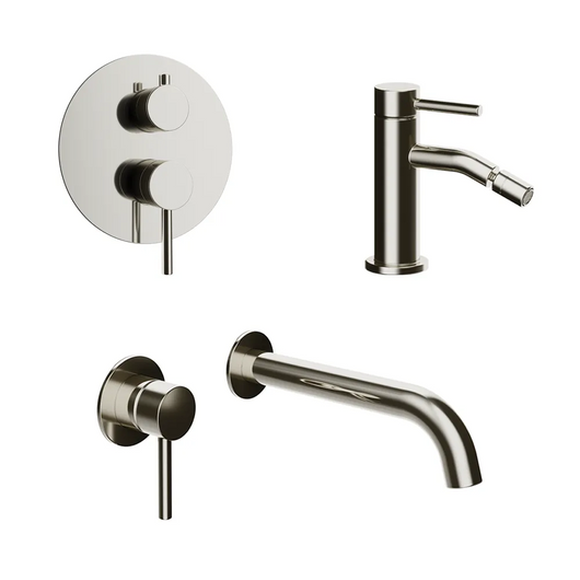 Set miscelatori: lavabo ad incasso bidet senza scarico e incasso doccia c/deviatore nickel spazzolato | Bette