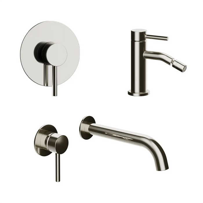Set miscelatori: lavabo ad incasso bidet senza scarico e incasso doccia monocomando nickel spazzolato | Bette