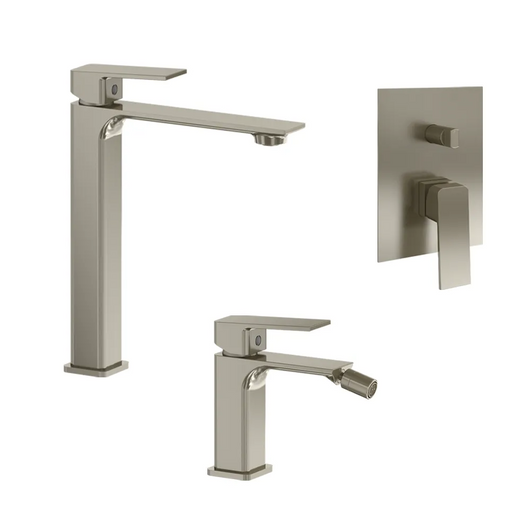 Set miscelatori: lavabo alto bidet senza scarico e incasso doccia c/deviatore nickel spazzolato | Ingrid