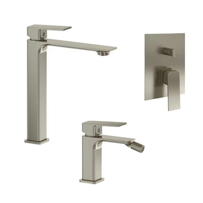Set miscelatori: lavabo alto bidet senza scarico e incasso doccia c/deviatore nickel spazzolato | Ingrid