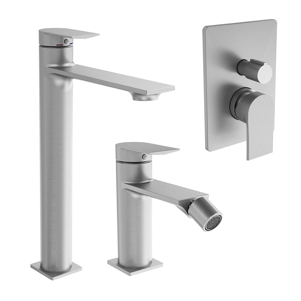 Set miscelatori: lavabo alto, bidet senza scarico ed incasso doccia con deviatore nickel spazzolato | Rita