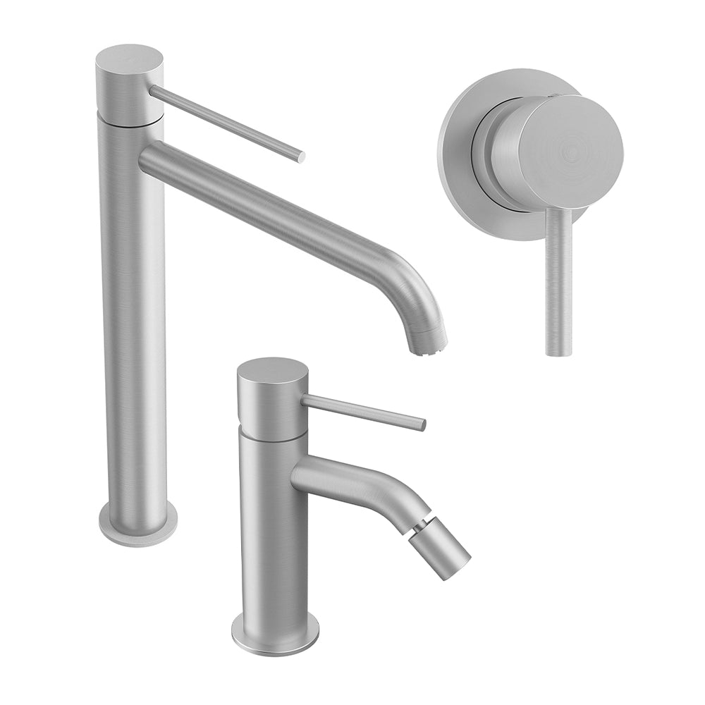Set miscelatori: lavabo alto, bidet senza scarico ed incasso doccia monocomando nickel spazzolato | Katharine 