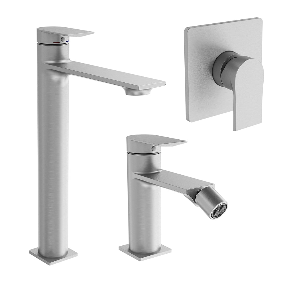 Set miscelatori: lavabo alto, bidet senza scarico ed incasso doccia monocomando nickel spazzolato | Rita