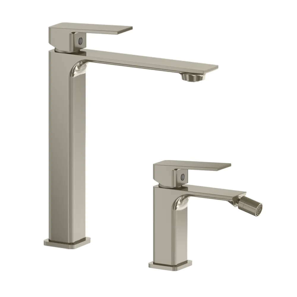 Coppia miscelatori lavabo alto slim bidet senza scarico nickel spazzolato | Ingrid