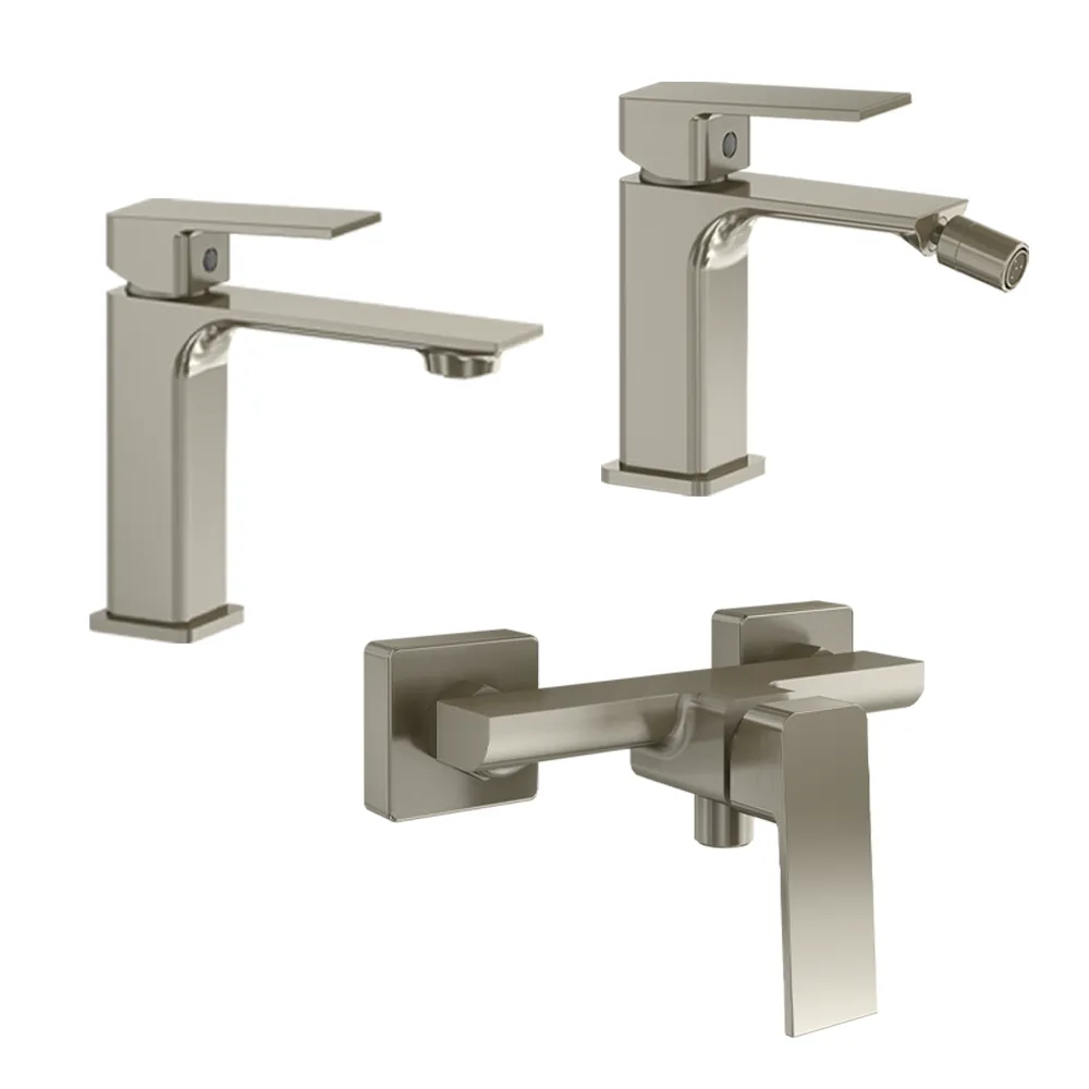 Set miscelatori: lavabo bidet senza scarico ed esterno doccia nickel spazzolato | Ingrid