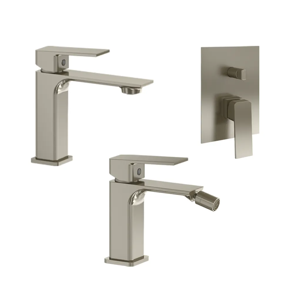 Set miscelatori: lavabo bidet senza scarico e incasso doccia c/deviatore nickel spazzolato | Ingrid