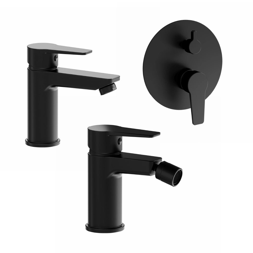Set miscelatori: lavabo bidet senza scarico e incasso doccia c/deviatore nero opaco | Jane