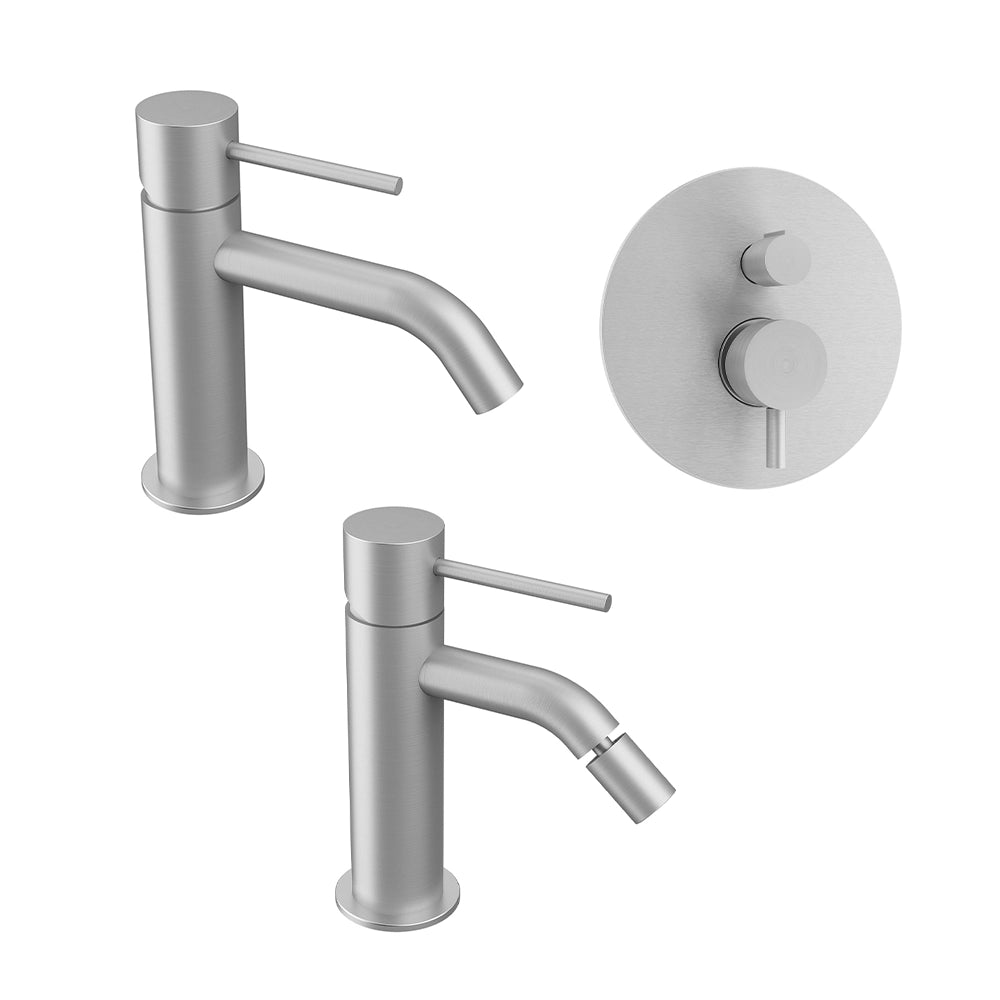 Set miscelatori: lavabo, bidet senza scarico ed incasso doccia con deviatore nickel spazzolato | Katharine
