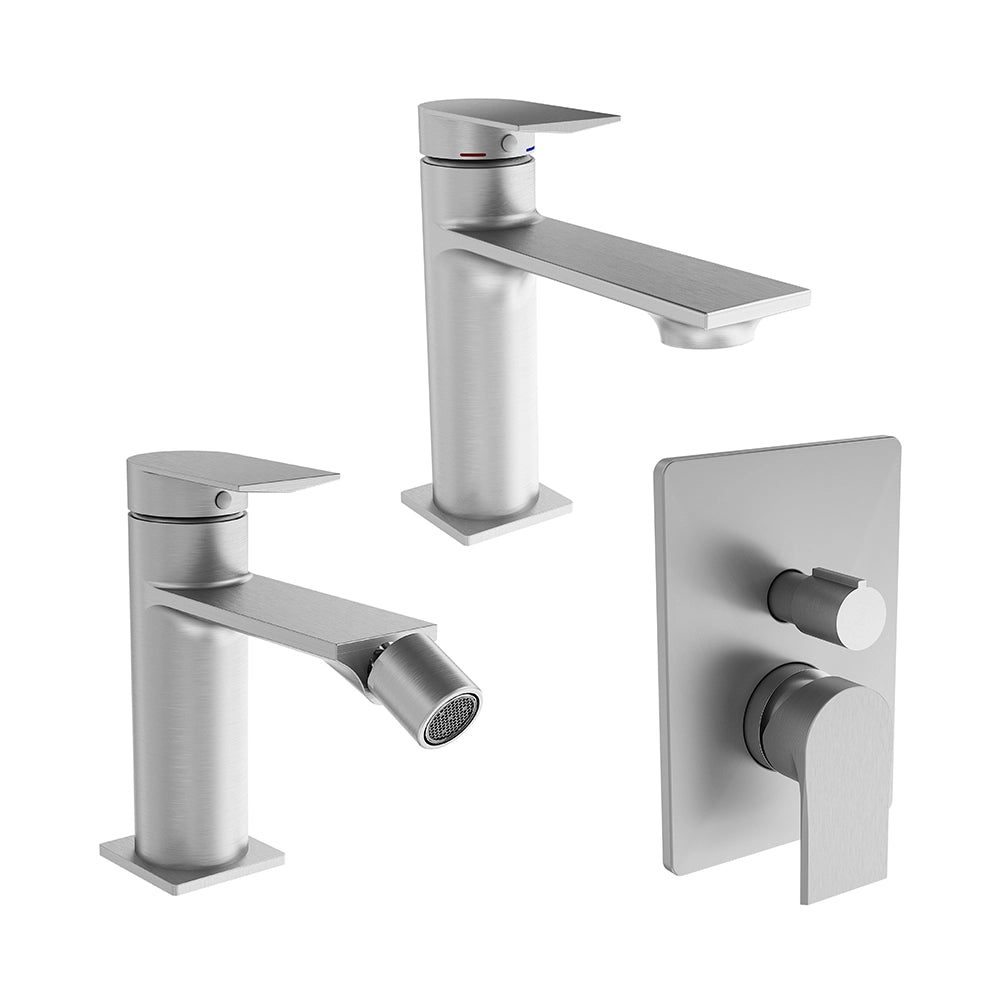 Set miscelatori: lavabo, bidet senza scarico ed incasso doccia con deviatore nickel spazzolato | Rita