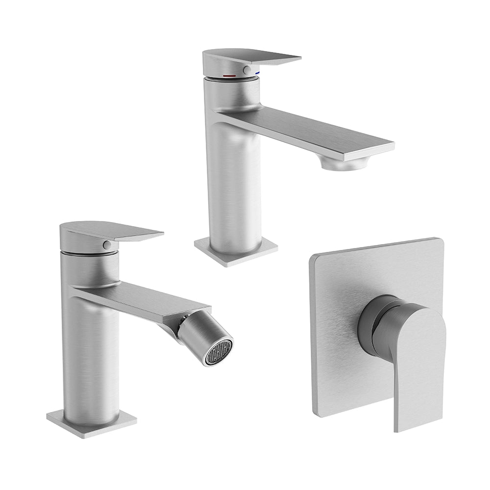 Set miscelatori: lavabo, bidet senza scarico ed incasso doccia monocomando nickel spazzolato | Rita