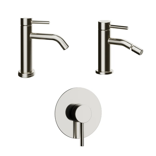 Set miscelatori: lavabo bidet senza scarico e incasso doccia monocomando nickel spazzolato | Bette
