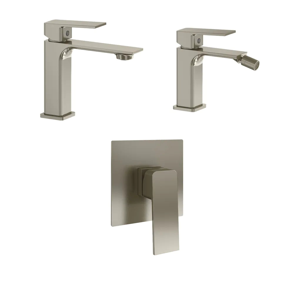 Set miscelatori: lavabo bidet senza scarico e incasso doccia monocomando nickel spazzolato | Ingrid