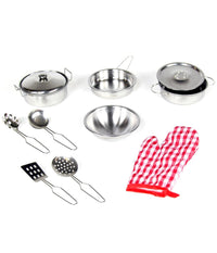 Set Cucina Giocattoli Per Bambini In Metallo 10pz Con Pentole Mestoli E Guanto         
