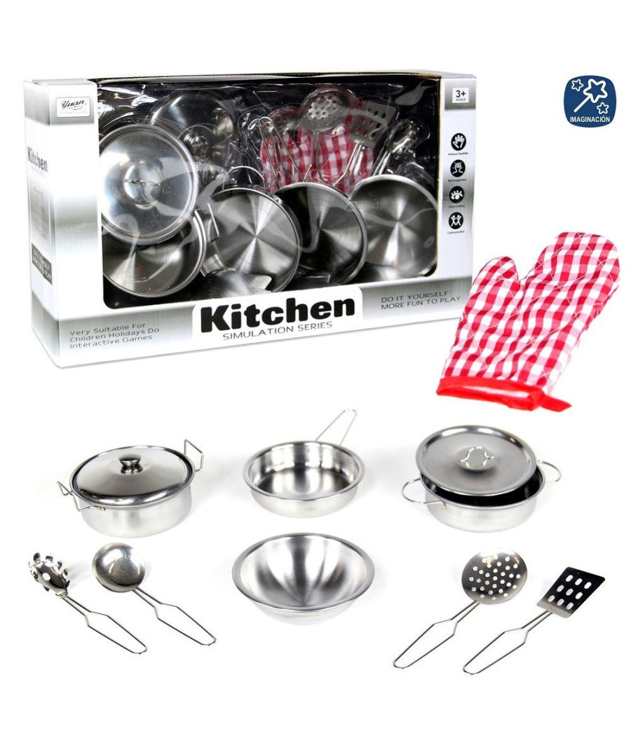Set Cucina Giocattoli Per Bambini In Metallo 10pz Con Pentole Mestoli E Guanto         