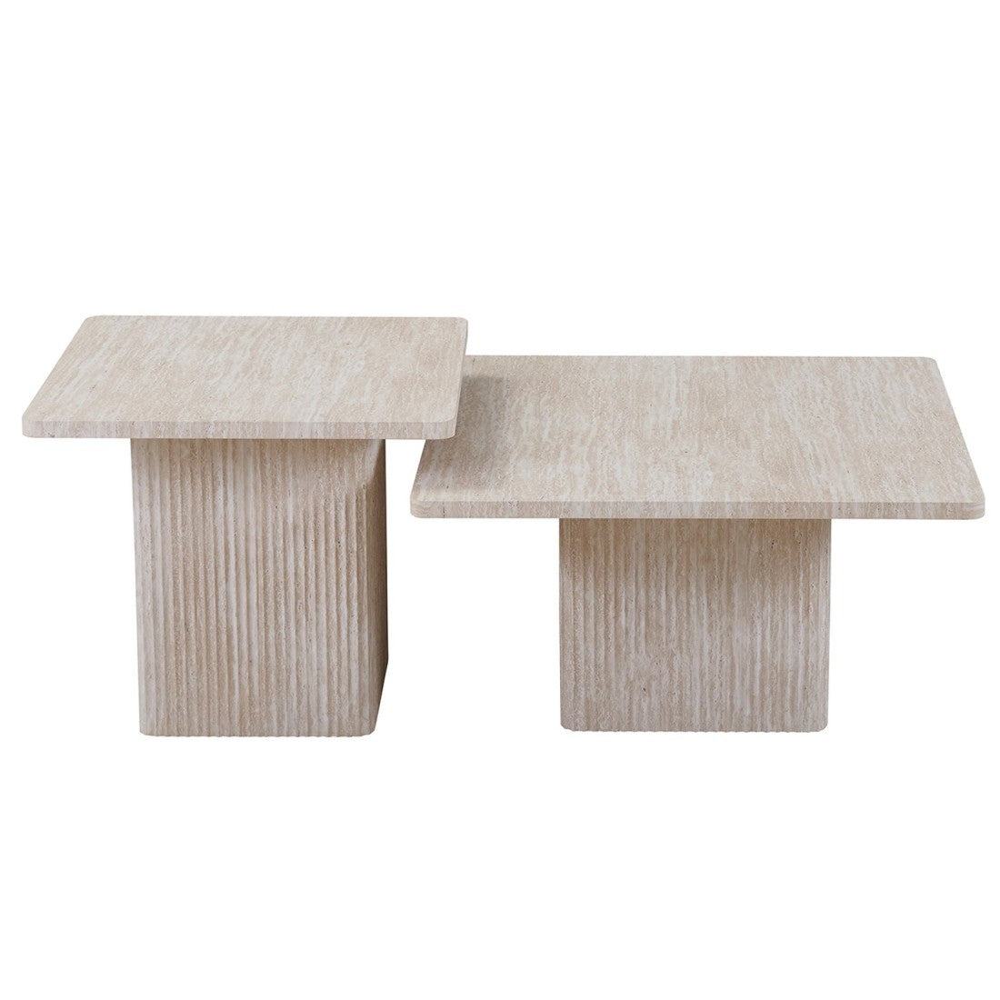 Set di 2 tavolini nidificati EDEN – Decorazione in travertino beige – Dimensioni H52-42 x L60-80 x P60-80 cm – Stile moderno
